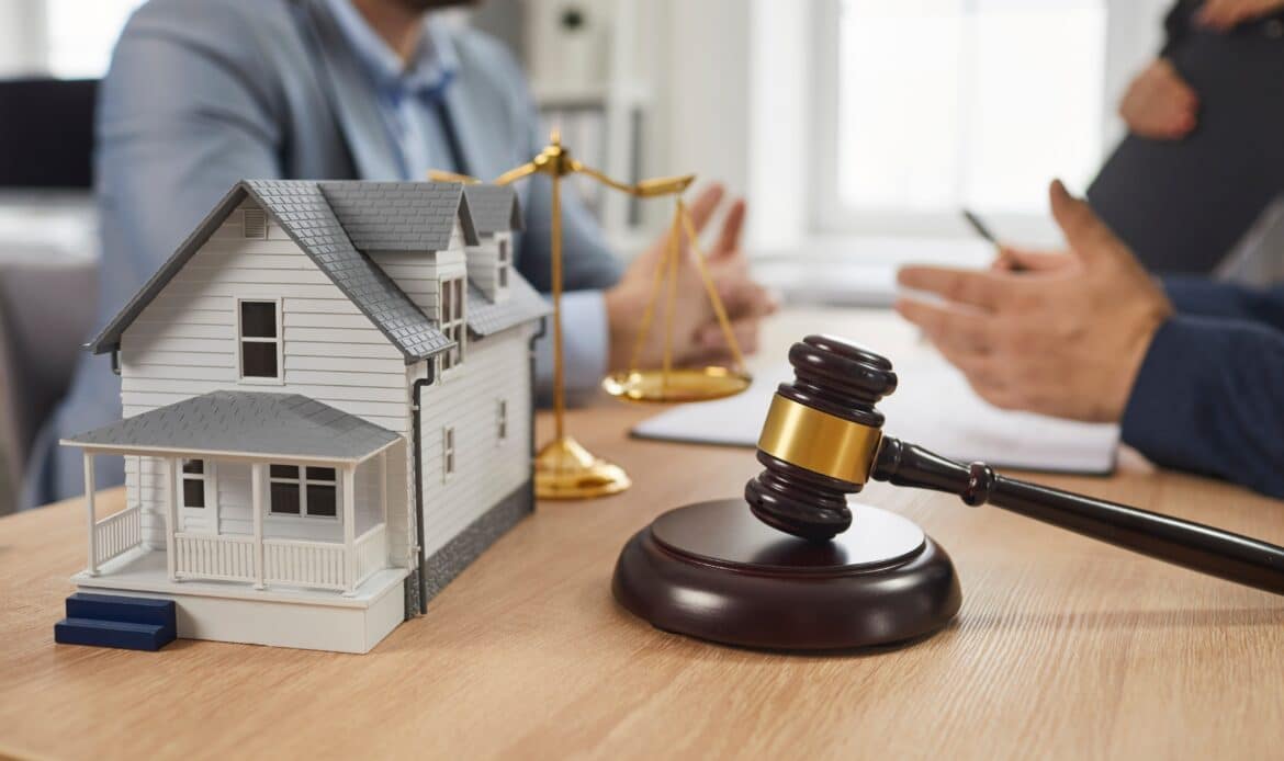 Close up of a gavel resting on a round wood block near a model home on a table at a real estate lawyers office.